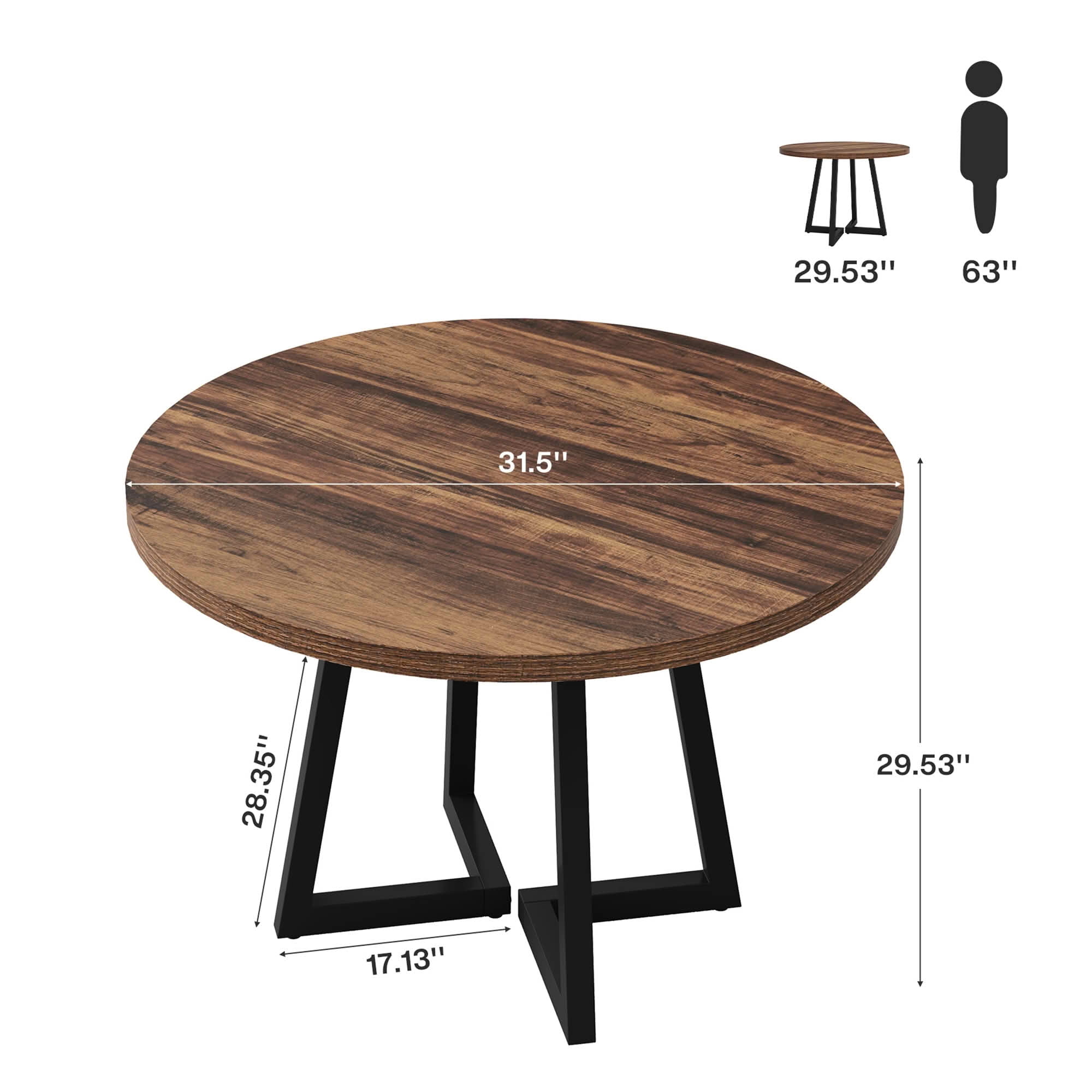 MAYEERTY 31.5 Inch Round Industrial Dining Table, Vintage Brown Wood Kitchen Dinner Table with Black Metal Base for 2 People