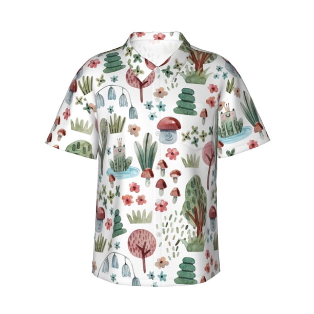 Balery Frog and Forest Plants Camisas hawaianas de manga corta para hombre, camisas playeras de corte holgado, camisas de vacaciones con botones,3X-Large