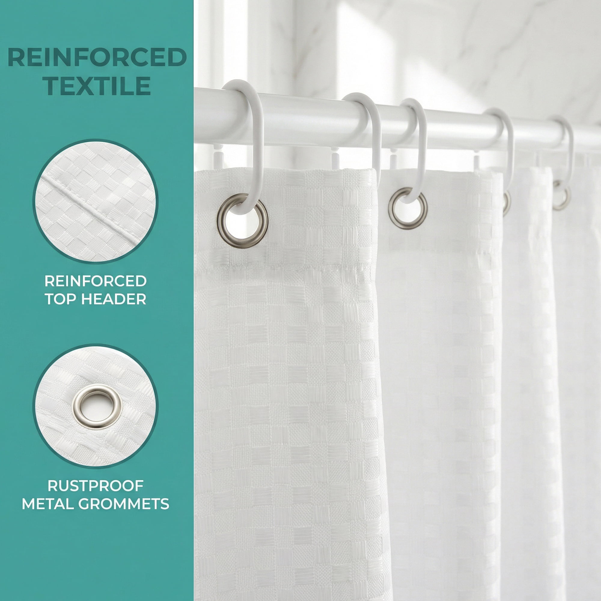 Unique Bargains Waffle Weave Shower Curtain Sets with 12 Hooks White 71"W x 71"L