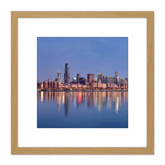 Schwen Chicago Skyline Sunrise Reflection Panorama 8X8 Inch Square Wooden Framed Wall Art Print Picture with Mount