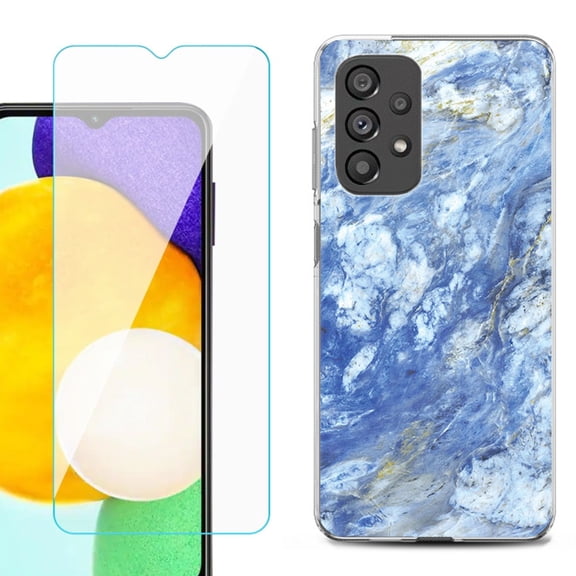 Slim-Fit Gel TPU Phone Case for Samsung Galaxy A23 5G, with Tempered Glass Screen Protector, by OneToughShield ® - Marble / Gem Blue