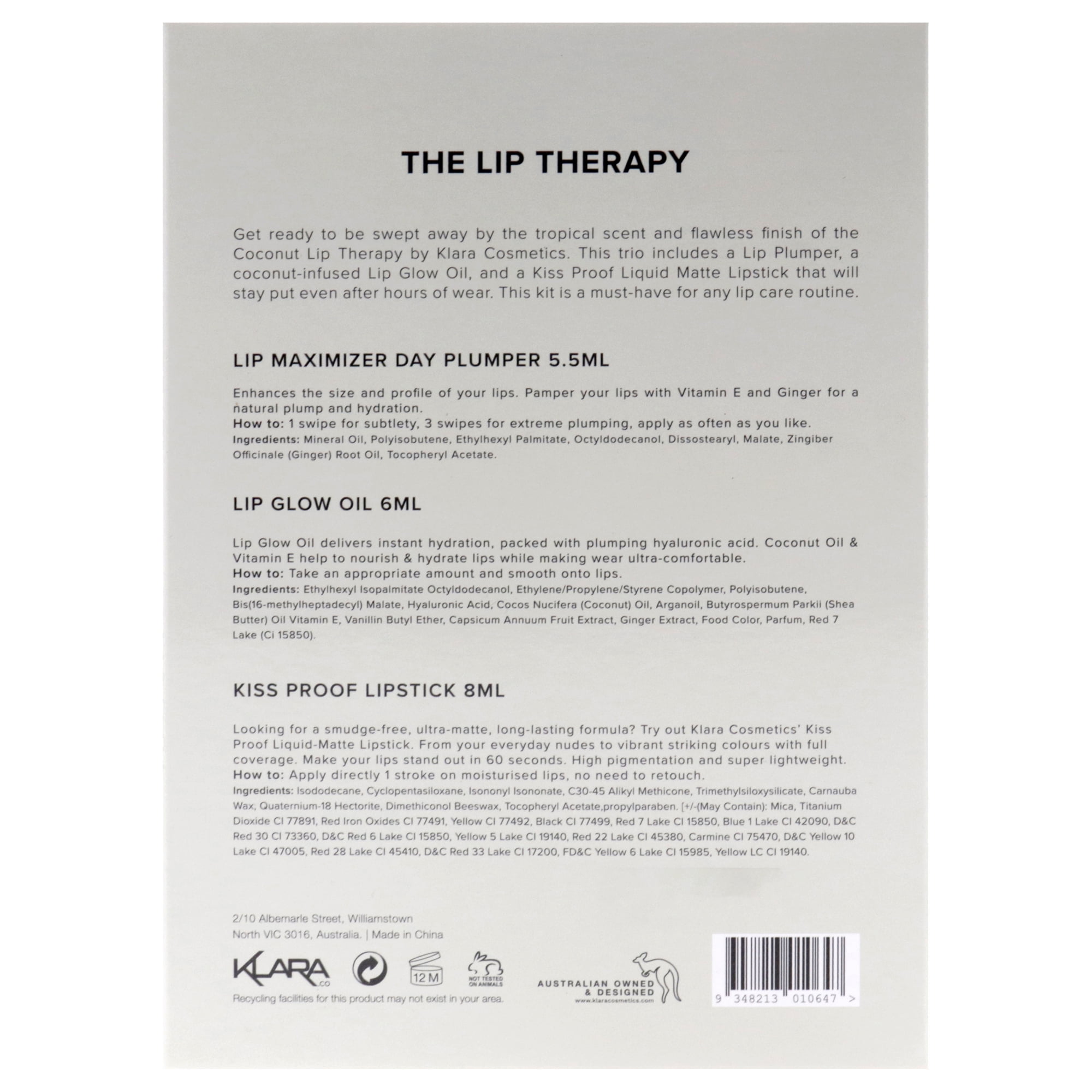 Klara Cosmetics The Lip Therapy Kit, Lip Gloss, Liquid Lipstick, 3 Pc