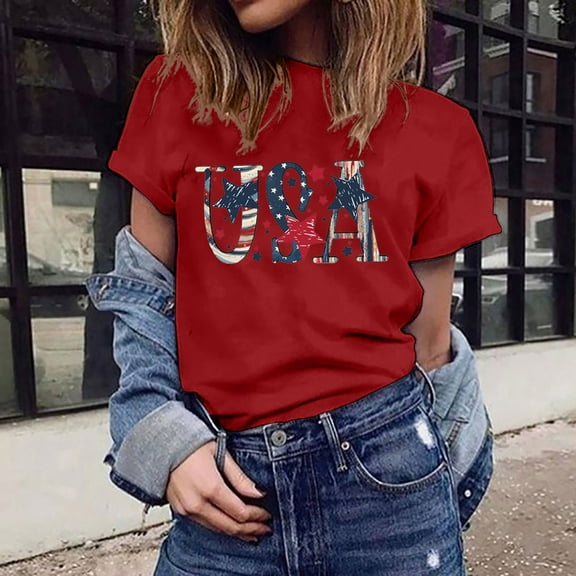 Lilgiuy Women's Independence Day Shirt Short Sleeve Printed Casual Tops Comforty Crewneck Blouse