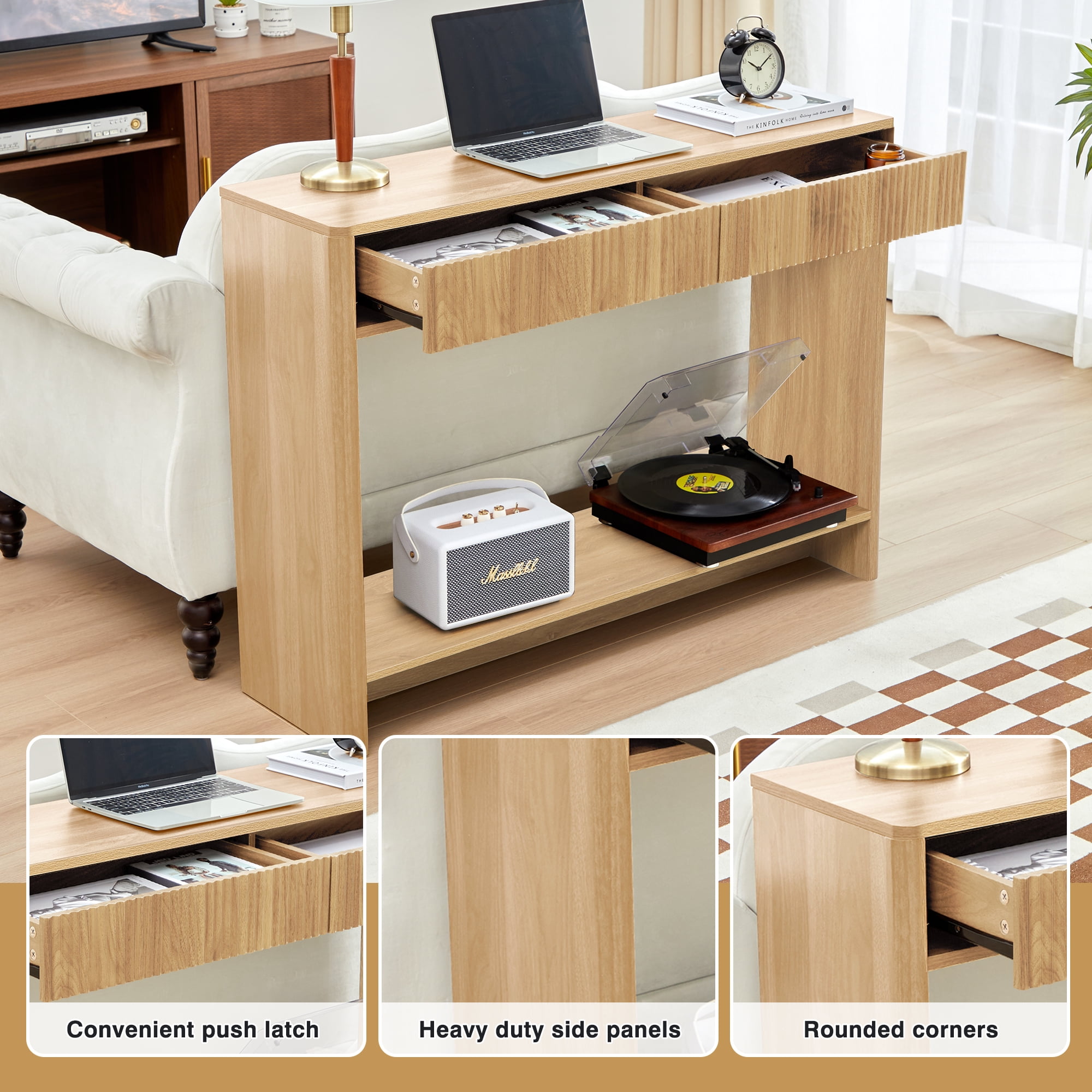 Wirrytor Narrow Console Table with Drawers and Storage Shelf, Modern Sofa Table for Living Room Entryway, Space-Saving Hallway Table Behind Couch with Solid Wood Legs