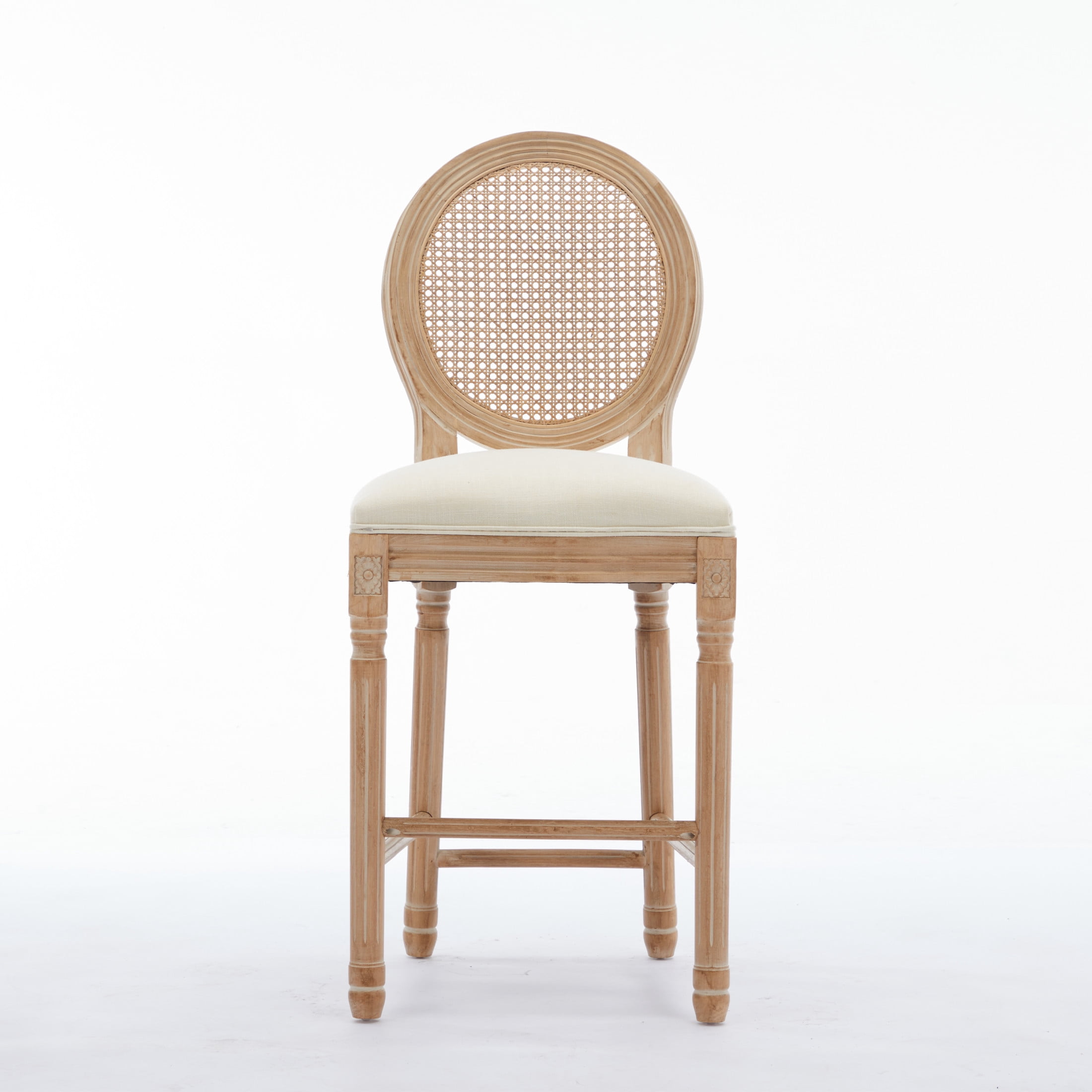 Noble House Solid Wood Kitchen Bar Stools with Cushion Seat and Rattan Back for Bar Counter, Beige & Natural, Set of 2