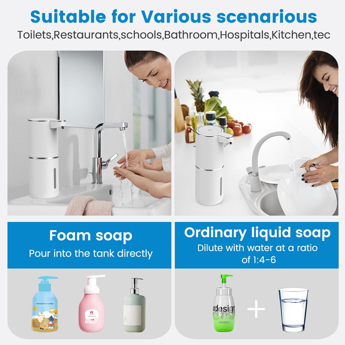FEELSO Automatic Soap Dispenser, Touchless Foaming USB-C Rechargeable, 4-Level Adjustable, Wall Mount or Countertop, White