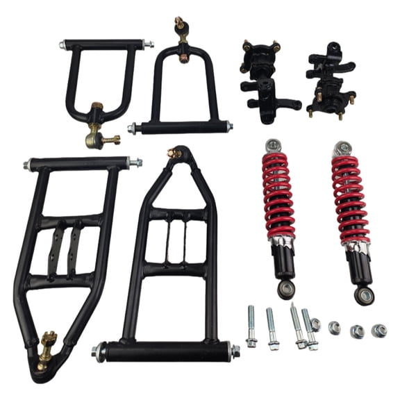 Front Suspension Shock Kit, Upper/ Lower Swingarm Steering Strut Knuckle Spindle & Wheel Hub for DIY Buggy Electric ATV Quad Bike Buggy Go Kart Parts (340mm Control Arms)