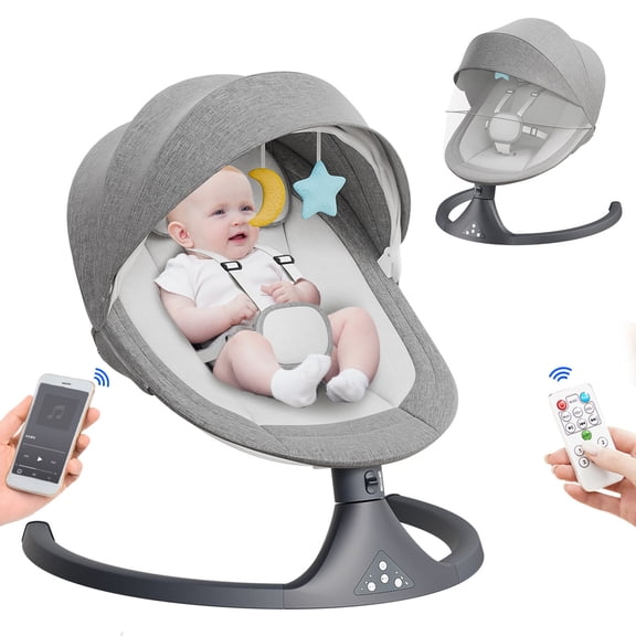 Tumajup 5 in 1 Large Baby Swing Bouncer with Rocking, Mosquito Net&Cute Toys Gray Striped for Toddler, 1 Count