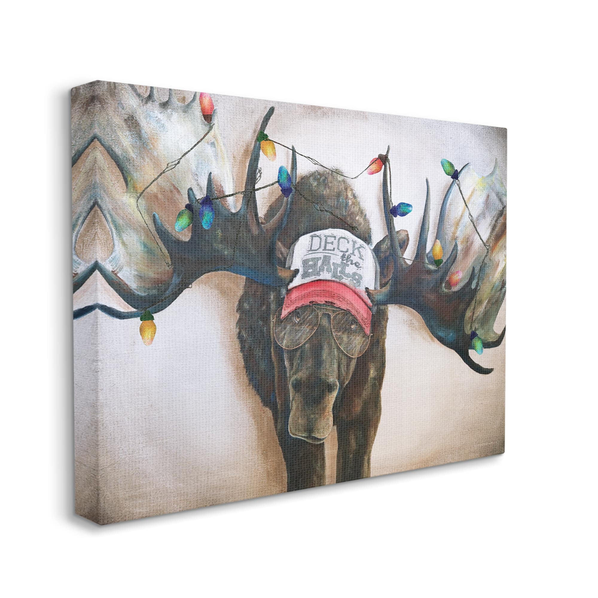 Stupell Industries Holiday Lights Moose Antlers Deck The Halls Hat Canvas Wall Art, 30 x 24, Design by Kamdon Kreations