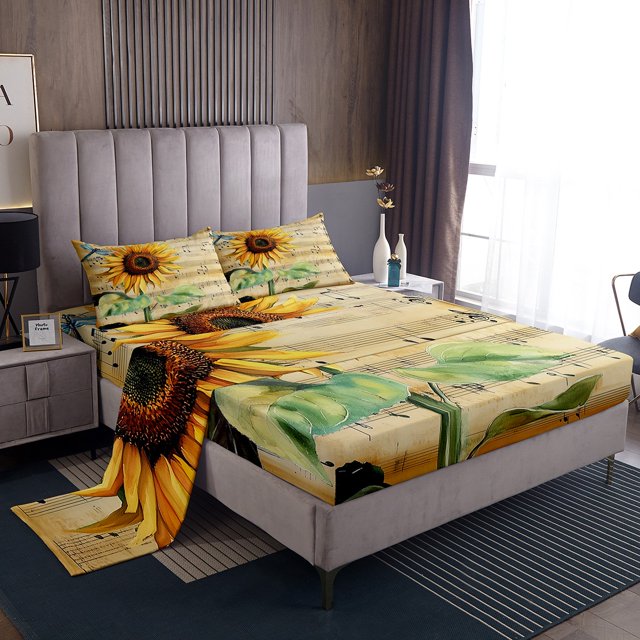 Erosebridal Ensembles de Draps Complets Tournesol, Literie Mélodie Format Full, Déco de Chambre Vintage, Réversible, Léger, 4 Pcs