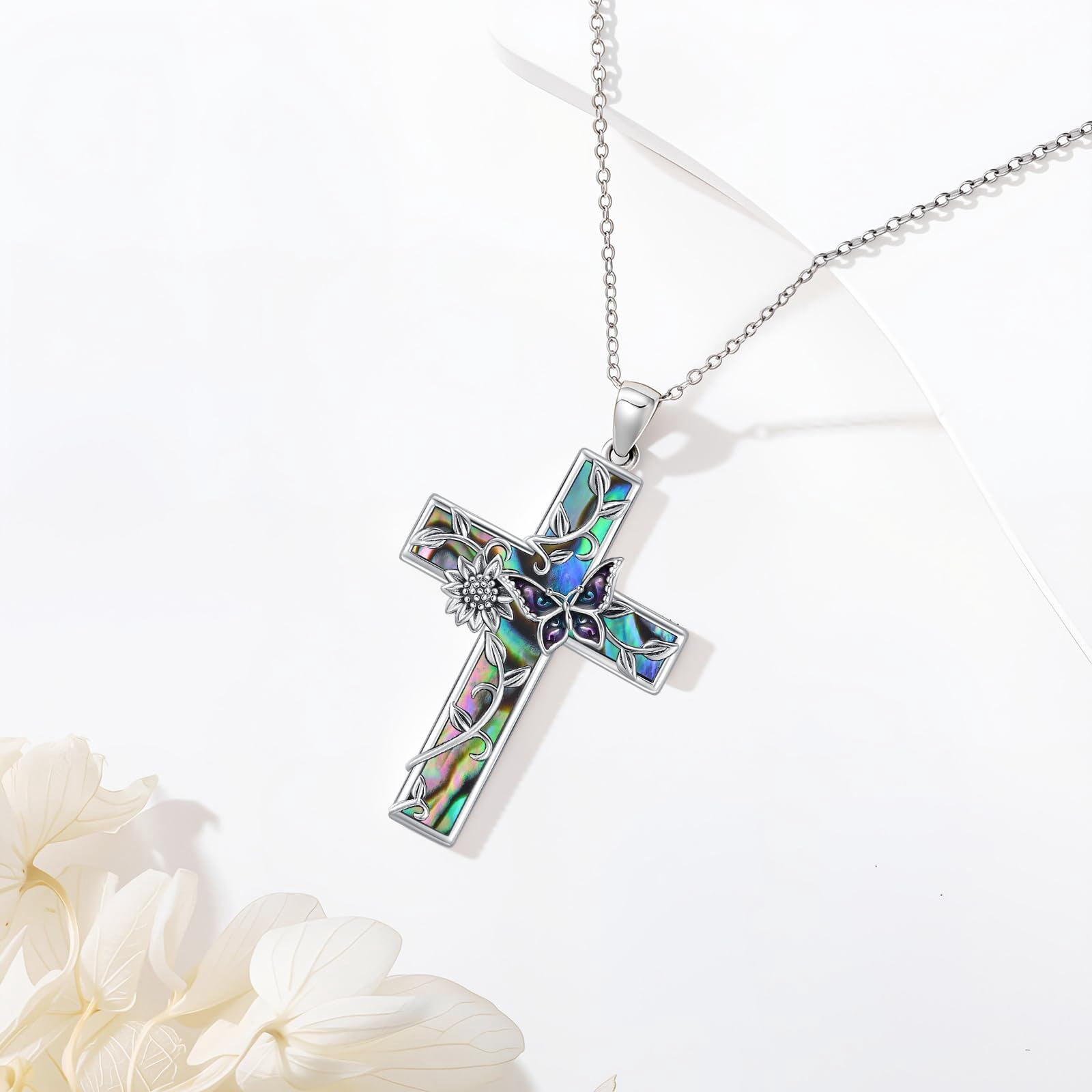 Coachuhhar Sunflower Cross Necklace 925 Sterling Silver Butterfly Pendant Necklace Abalone Jewelry Gifts for Women Mom Birthday