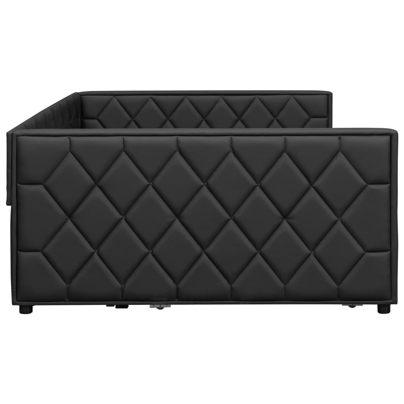 Full XL Size Faux Leather Upholstered Daybed with Twin Size Trundle, Low-Profile Sofa Bed Frame with LED Lighting Armrests