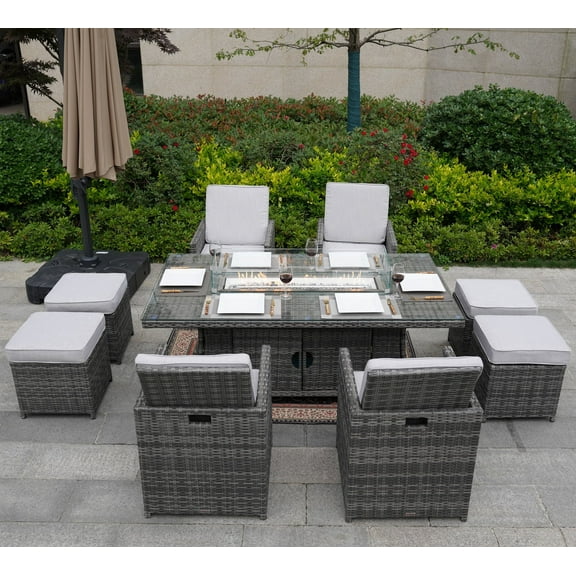 Direct Wicker 9-Piece Patio Wicker Rectangle Firepit Table with Chairs and Ottomans