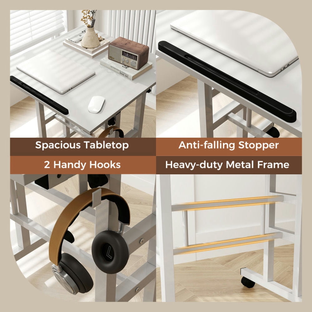YYAo Laptop Tables,Printer Stands,Mobile Standing Desk Height-Adjustable Laptop Cart with Split Top and Hanging Hooks-White