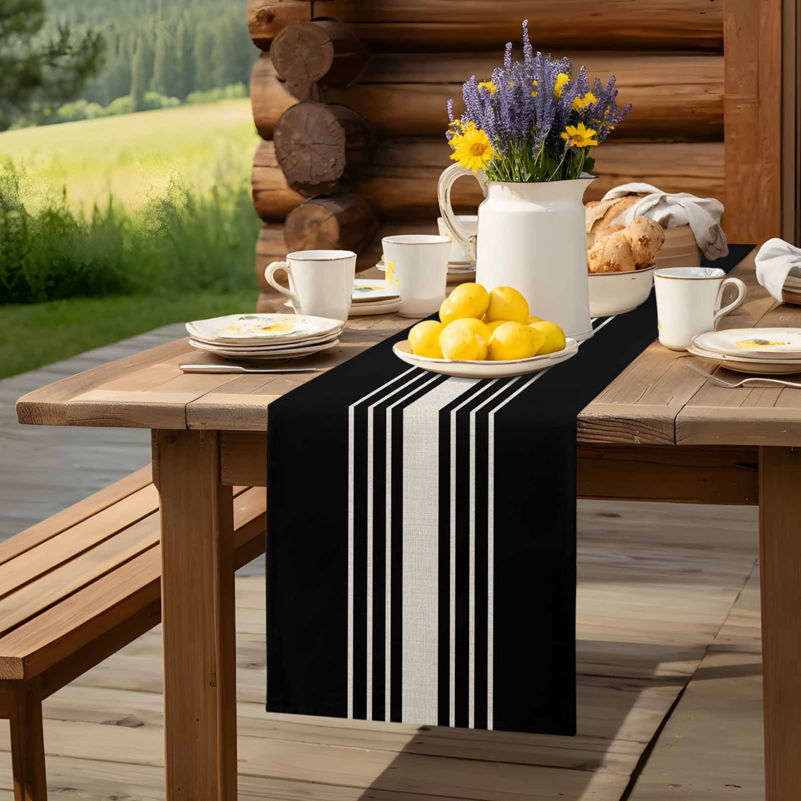 Black Stripe Line Table Runner 90 Inches Long, Retro Linen Table Runners Tabletop Scarf Kitchen Dining Tables Decoration for Home Party Indoor Outdoor