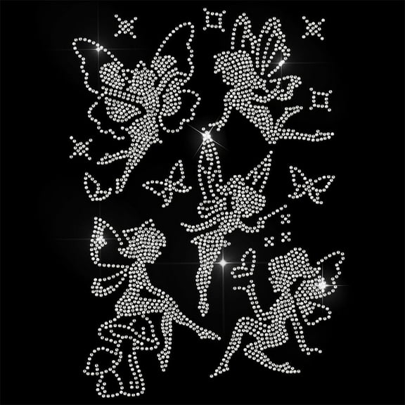5 Pcs Fairy Pattern Iron on Rhinestones Transfer Bling Clothing Repair Applique Heat Transfer Patches for T-Shirt Vest Shoes Hat Jacket Pants Bags Decor for DIY