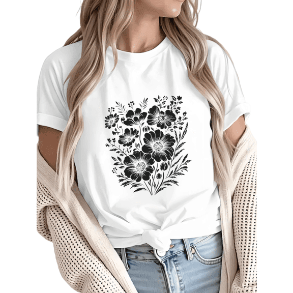Women Comfortable Black Wildflower Bouquet Graphic T-Shirt Tops Round Neck Cotton T Shirt White S-5XL