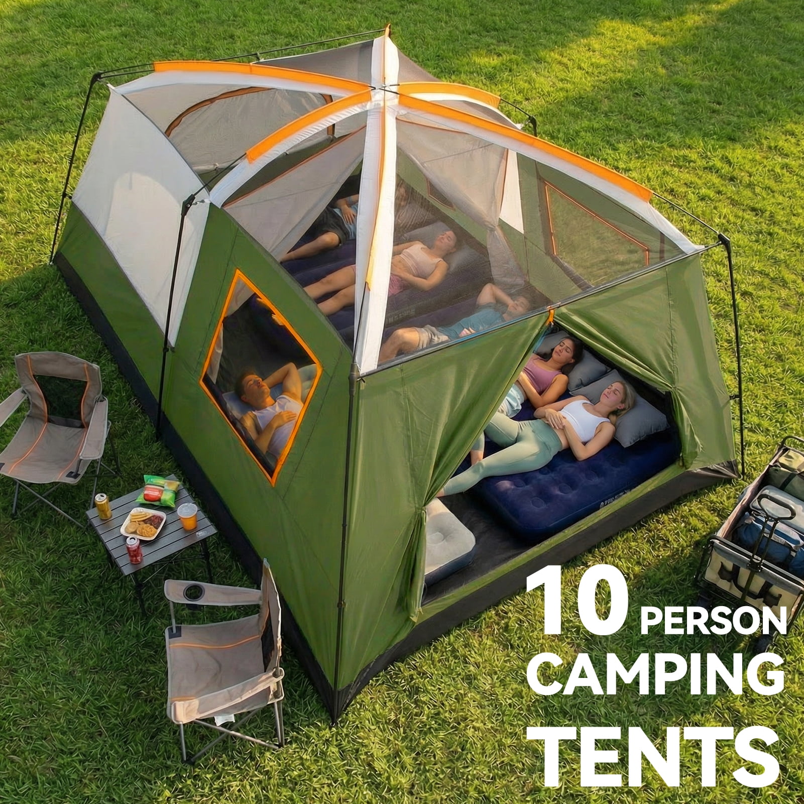 HOTEEL 10 Person Camping Tent, Easy Setup Waterproof Windproof Backpacking Tent with Removable Rainfly, Lightweight Portable Outdoor Family Tents for Camping, Travel, Fishing, Hiking, Green