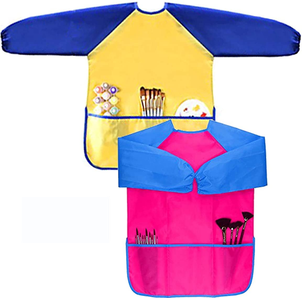 PASHOP Kids Art Smock Pack of 2 Waterproof Artist Painting Aprons Children Art Smocks Long Sleeve with 3 Pockets for Age 2-7 Years 