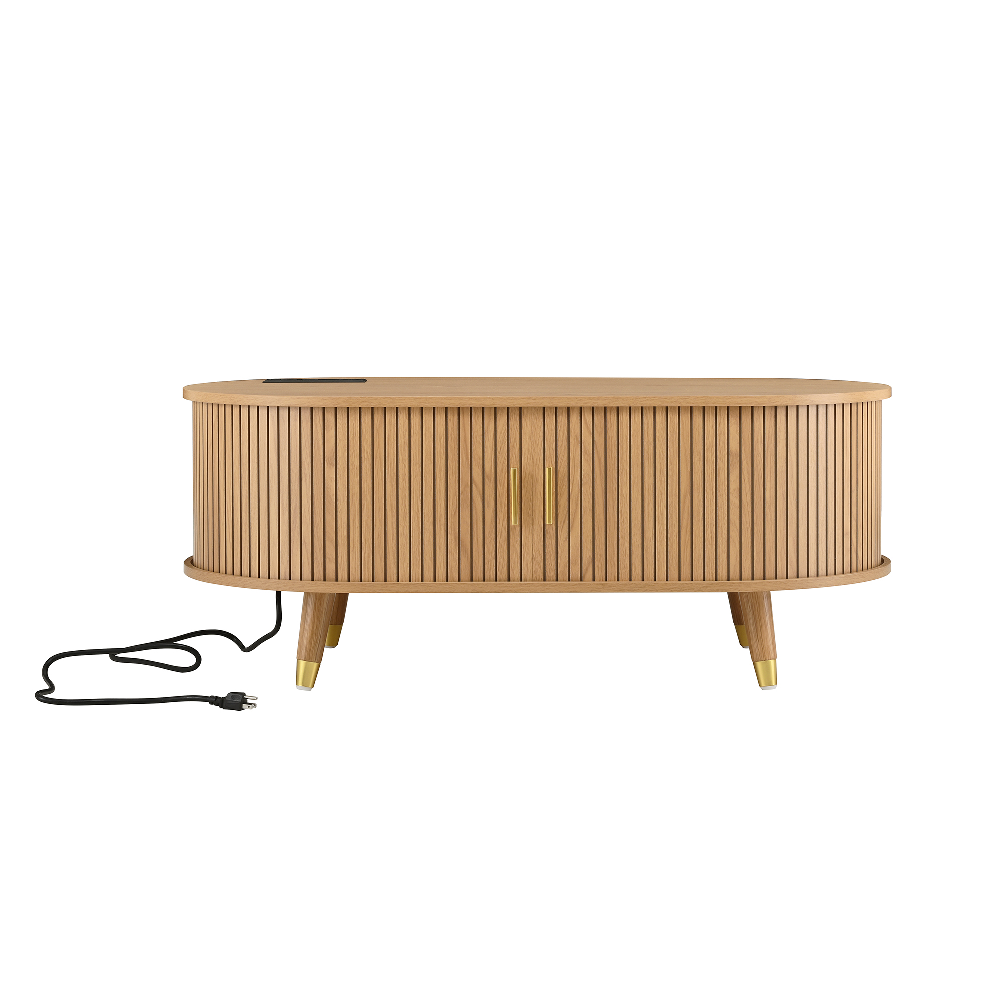 Euroco 42.5"W Wooden Oval Fluted Coffee Table with Charging Station, Mid-Century Center Table with Sliding Tambour Door,Farmhouse Cocktail Table for Living Room, Natural/Teak