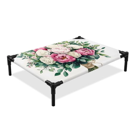 Spring Floral Elevated Dog Bed Watercolor Retro White Pink Floral Green Leaf Plant Cooling Breathable Outdoor Raised Dog Cot Bed with Metal Frame Non-Slip Feet for Medium Dog 24x20in