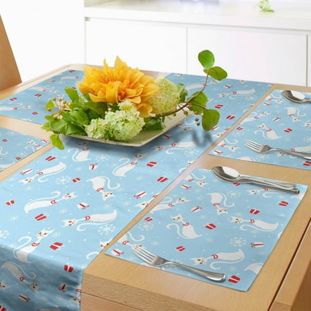 

Christmas Table Runner & Placemats Joyous Holiday in December Cats with Necklaces Yellow Eyes Swirled Tails Set for Dining Table Placemat 4 pcs + Runner 12 x72 Pale Blue Red White by Ambesonne