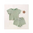 thumbnail image 2 of Kiapeise Newborn Baby Girl Boy Clothes Striped Waffle Knit Short Sleeve T Shirt Shorts Set Summer Outfits for Toddler, 2 of 9