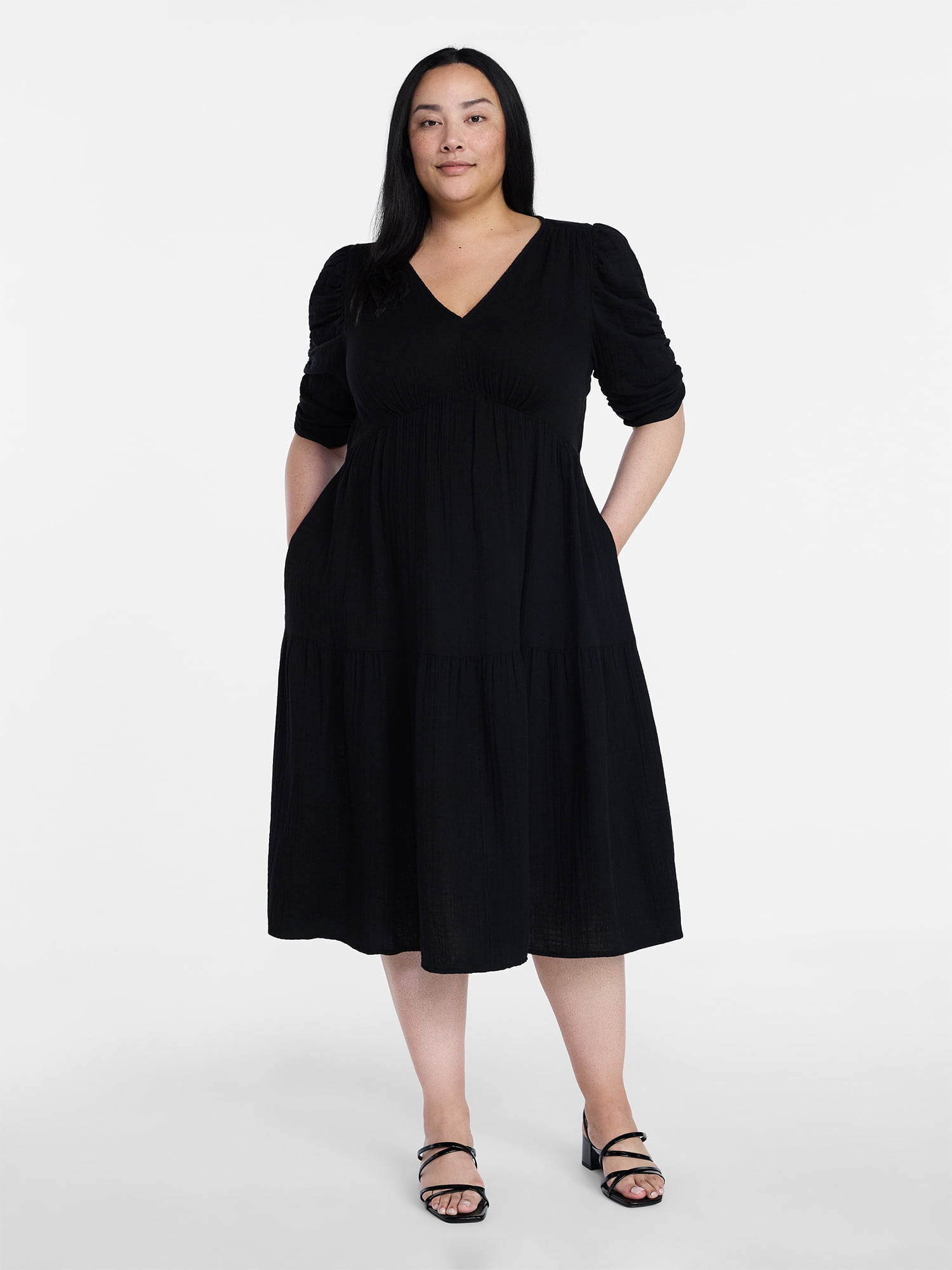 Time and Tru Women's Cotton Tiered Midi Dress with Elbow Length Sleeves, Sizes XS-XXXL