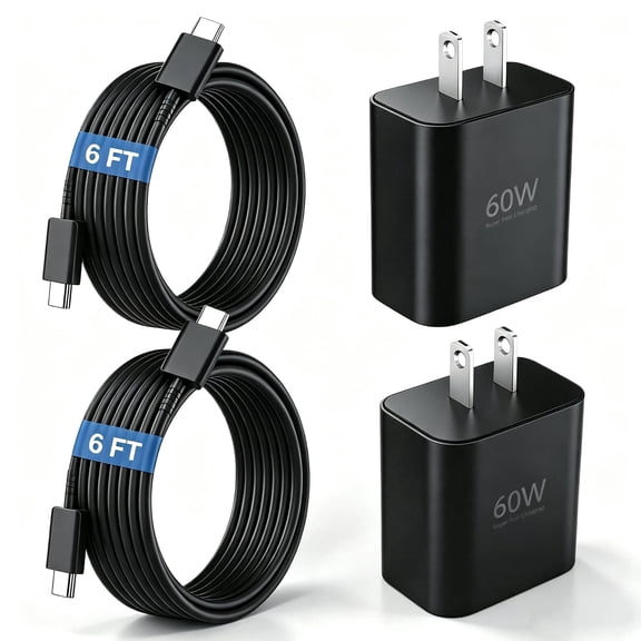 60W USB‑C Super Fast Wall Charger 2‑Pack, Fast Charging Android Phone Charger Block with 6FT Extra Long Type‑C Cable Cord, Compatible with Samsung Galaxy S26 Ultra/S26 /S25/S24/S23, iPhone 17/16/15