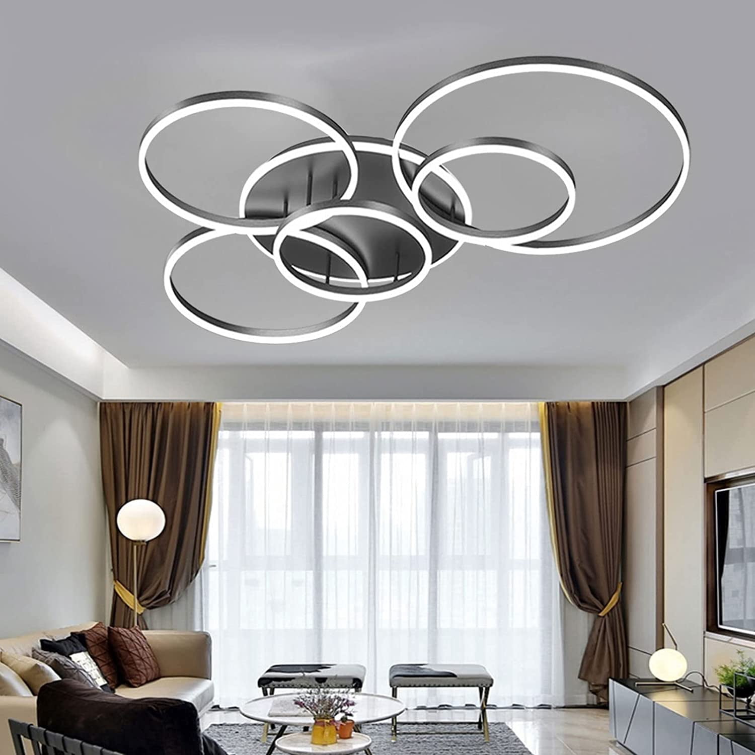 Modern Led Flush Mount Ceiling Light, 5 Rings Light Fixtures 80W Dimmable with Remote Acrylic, (Black)