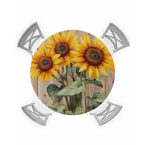 nqOlkjepod Retro Sunflower Round Tablecloth, Fitted Table Cover with Elastic for 55"-60" Round Tables, Farmhouse Flowers Botanical Wooden Table Cloth Outdoor Dinning Party Waterproof Tablecloths