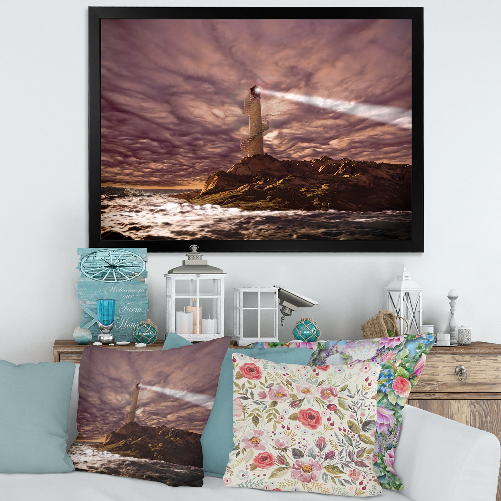 Lighthouse Shining Light During Stormy Clouds Night I 32 in x 16 in Framed Painting Canvas Art Print, by Designart