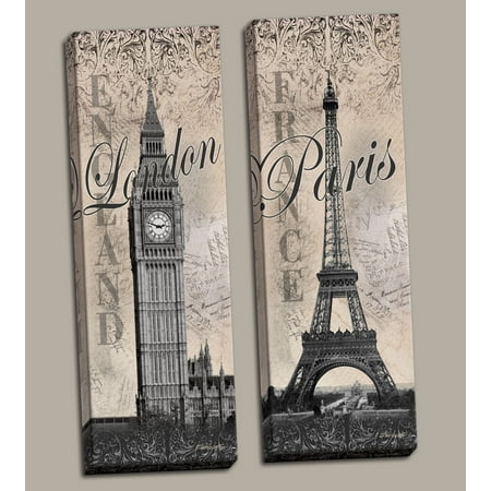- Gango Home Decor Paris Eiffel Tower and London Big Ben Travel Monument Wall Art by Todd Williams; Two Black and White 8x20in Hand-Stretched Canvases (Ready to Hang)