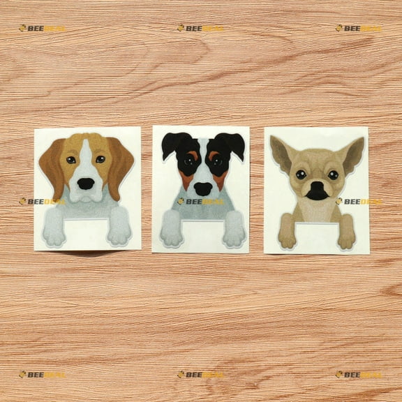 Three Dogs Peeking Chihuahua Beagle Jack Russell Terrier Vinyl Decal Sticker - 3 Pack Reflective, 3 Inches, for Car Back Window Laptop