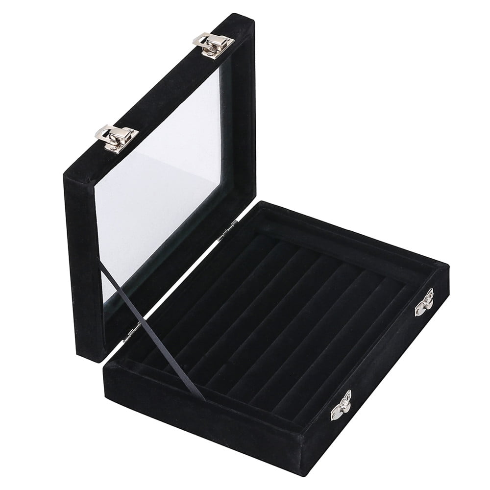LANTWOO Velvet Glass Jewelry Display Storage Box Ring Earrings Jewelry Box Ring Holder Case 2 Clasps 