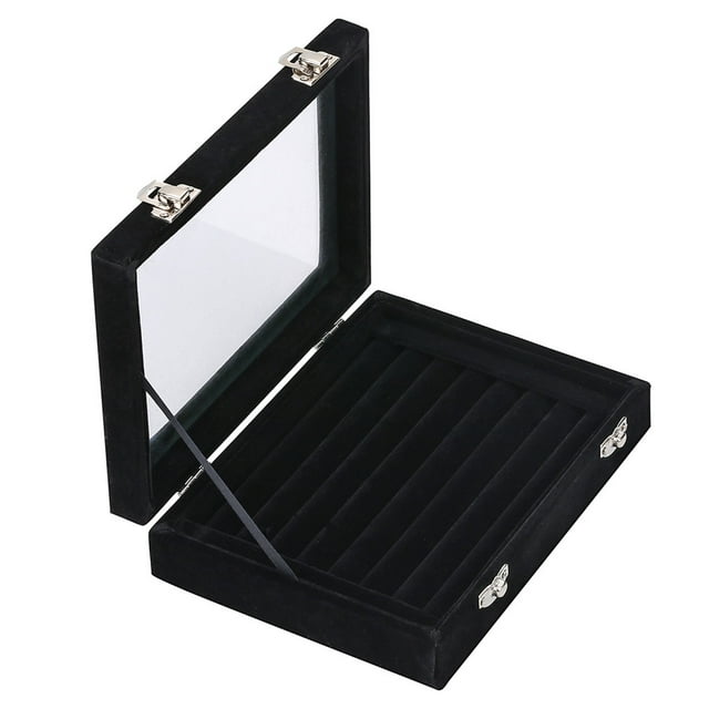 LANTWOO 7 Slots Velvet Glass Jewelry Display Storage Box Ring Earrings Jewelry Box Ring Holder