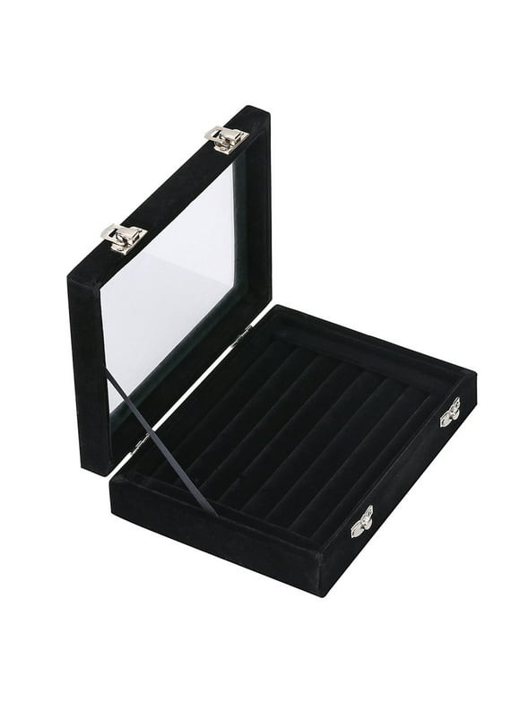 LANTWOO 7 Slots Velvet Glass Jewelry Display Storage Box Ring Earrings Jewelry Box Ring Holder Case (Black)