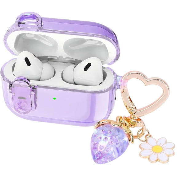 (with safety lock) Compatible with AirPods Pro third-generation headphone case, cute and soft TPU transparent phone case for Apple AirPods Pro 3, with strawberry keychain (Purple)