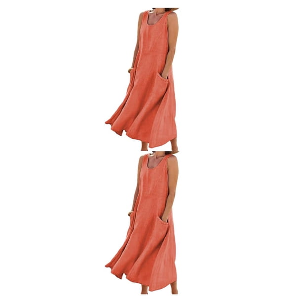 Qarigey vestido de verano de las mujeres sin mangas de cuello vestidos de tanque de boho mil-calf beach kaftan suelto con bolsillos para Naranja/S 2Conjunto