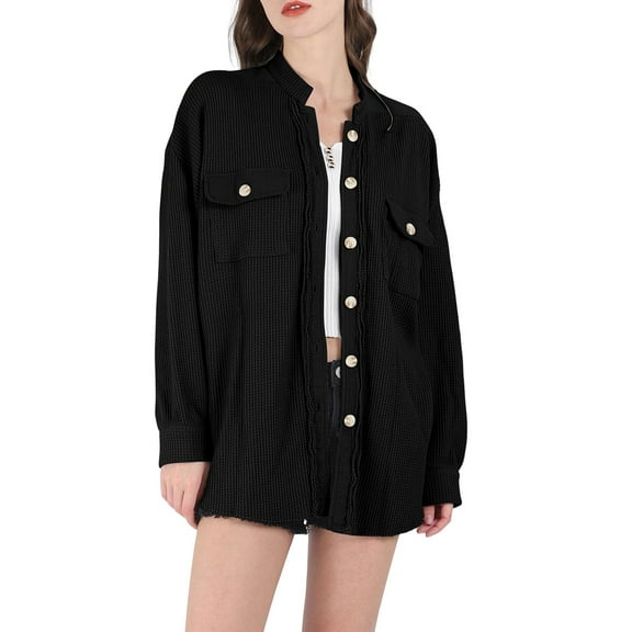 Women'S Loose Fit Batwing Sleeve Waffle Knit Button Down Shirt Shacket Tops Black L