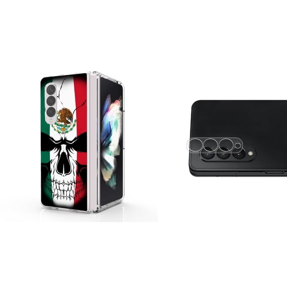 Accessory Bundle for Galaxy Z Fold 4: Slim Snap-On Case (Mexico Skull), Rear Camera Glass Protector