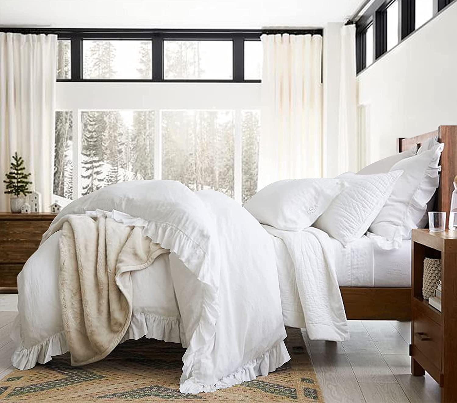 Delara Organic Cotton Duvet Set, 300 Thread Count, GOTS Certified, 3-Piece Ruffled Duvet cover with 2 Shams