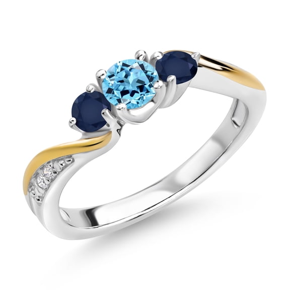 Gem Stone King 925 Silver and 10K Yellow Gold Swiss Blue Topaz Blue Sapphire and White Lab Grown Diamond 3 Stone Engagement Ring for Women (0.68 Cttw, November Birthstone, Size 5)