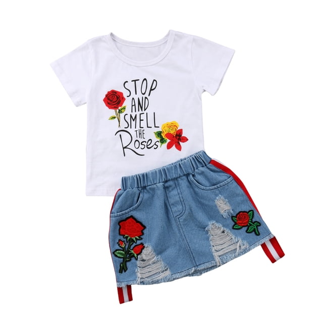 Diconna 2PCS Toddler Girls Summer Clothes T-Shirt + Ripped Skirt Outfits Set