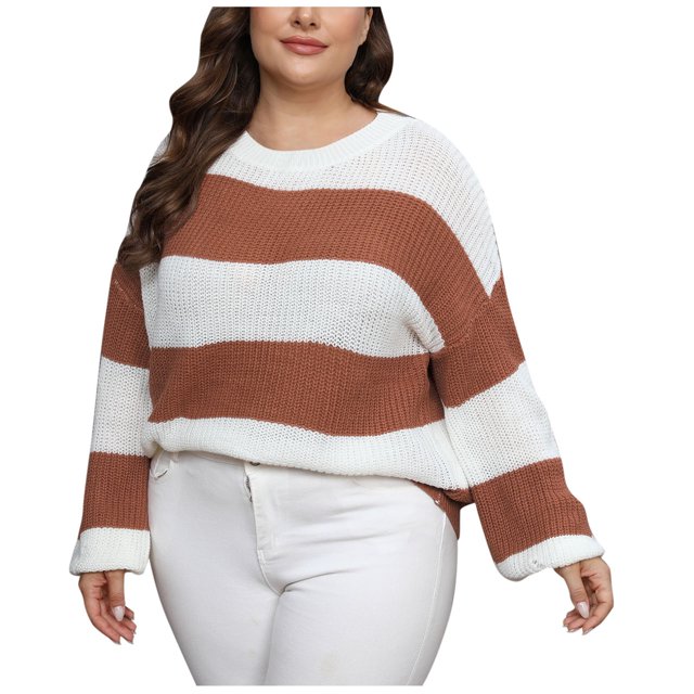 Cameland Pull-Over Femme Grande Taille Style Contraste Rayé Intercolore Col Rond
