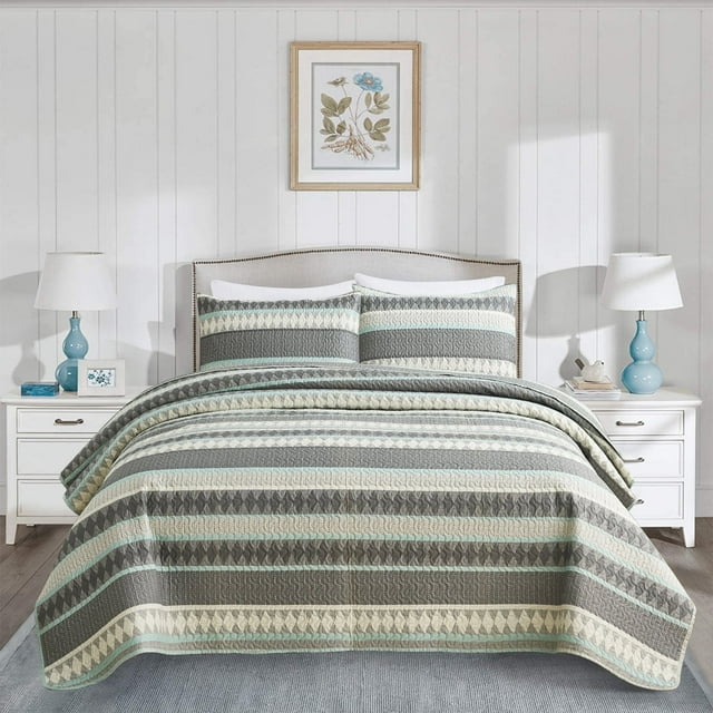 JML 3-Piece Quilt Set with 2 Shams, Soft Microfiber Bedspread Coverlet Set, Queen, Grey & Green