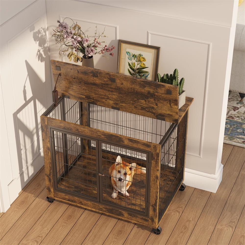 Lausatek Furniture Dog Cage with Double Doors on Casters,Wooden Dog
