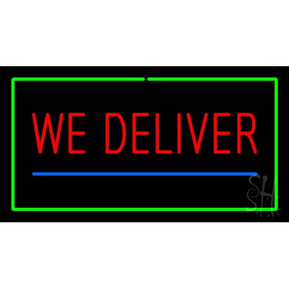 We Deliver Rectangle Green LED Neon Sign 13 x 24 - inches, Clear Edge Cut Acrylic Backing, with Dimmer - Bright and Premium built indoor LED Neon Sign for restaurant window and interior decor.