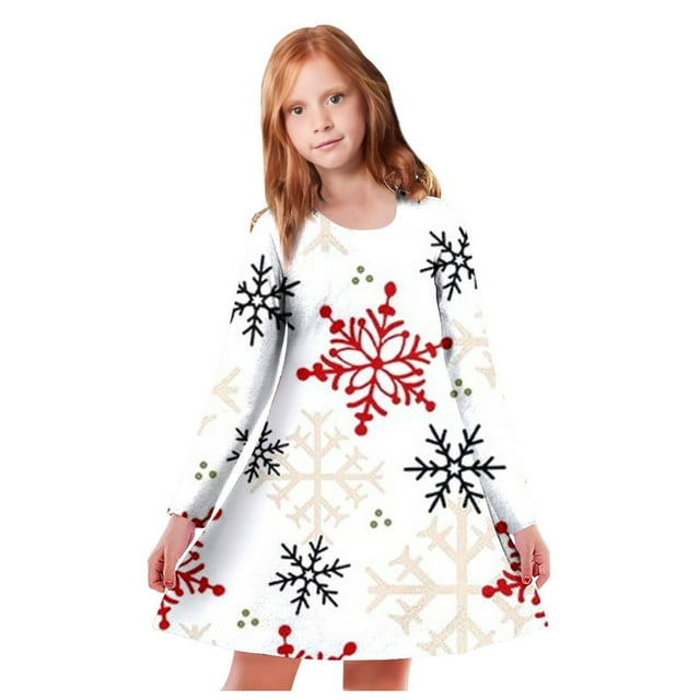 LUOGENLI Robe Enfants Tout-Petits Filles Arbres de Noël Imprimé Cerf Manches Longues Fête Robe Princesse Robe Maxi pour Filles 2025 Blanc 4-5 Ans