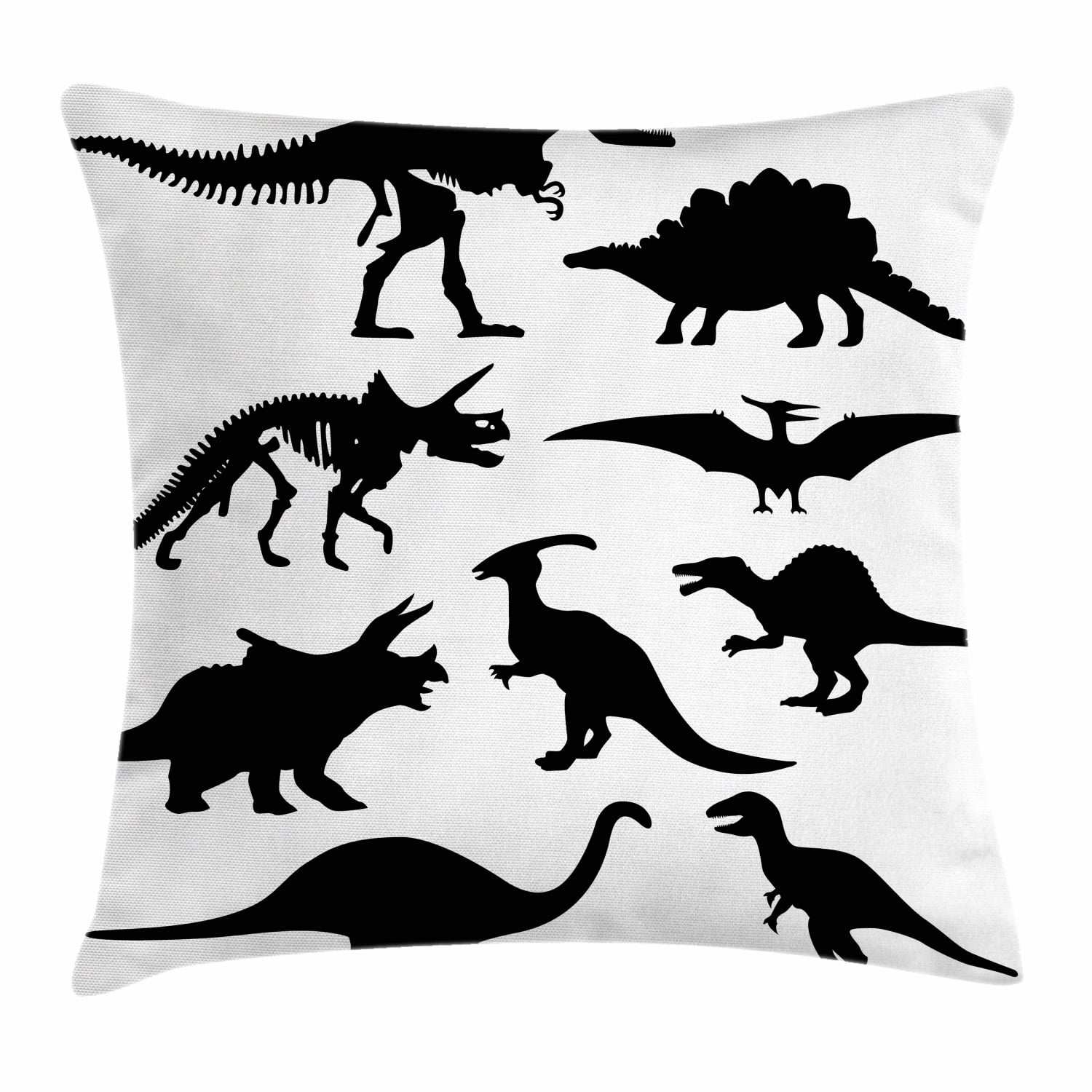 Dinosaur Throw Pillow Cushion Cover, Prehistoric Skeleton Bone Black
